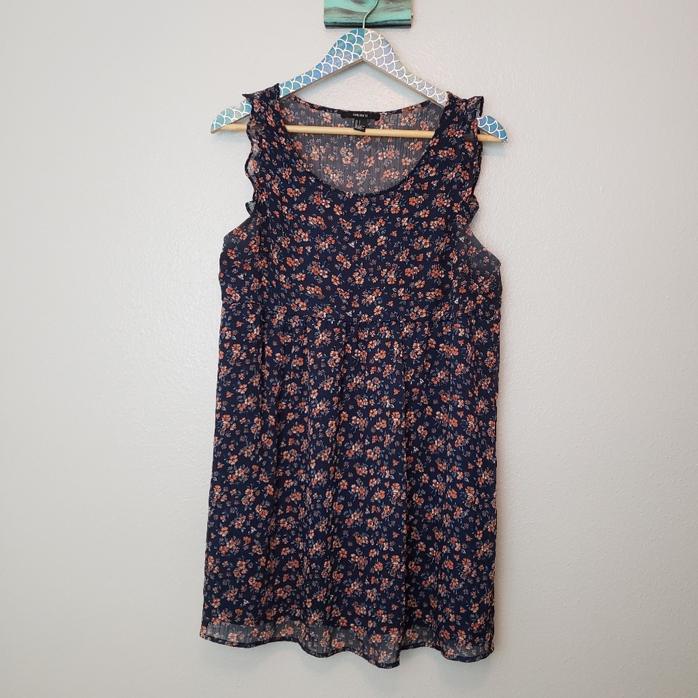 Forever 21 Navy Floral Babydoll 90s Retro Dress L - Picture 1 of 7
